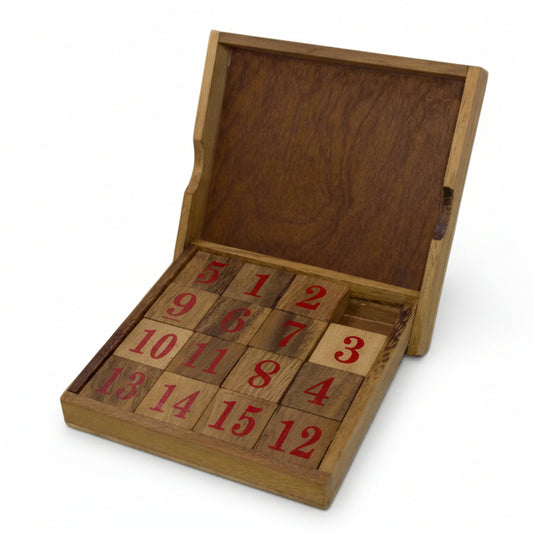 Wooden box with numbered stamps on a white background