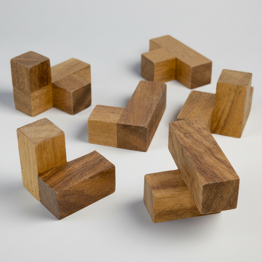 Wooden interlocking puzzle pieces on a plain background