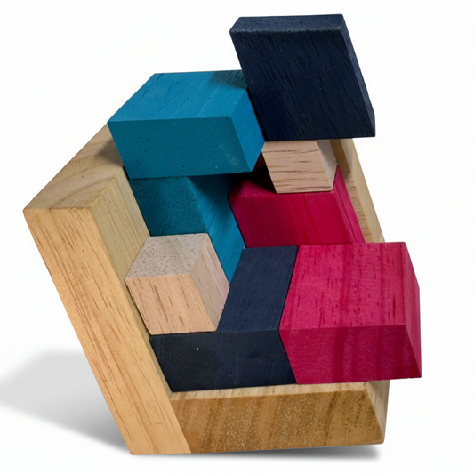 Colourful wooden puzzle in semi-solved state