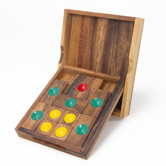 Wooden game board with colored discs on a white background