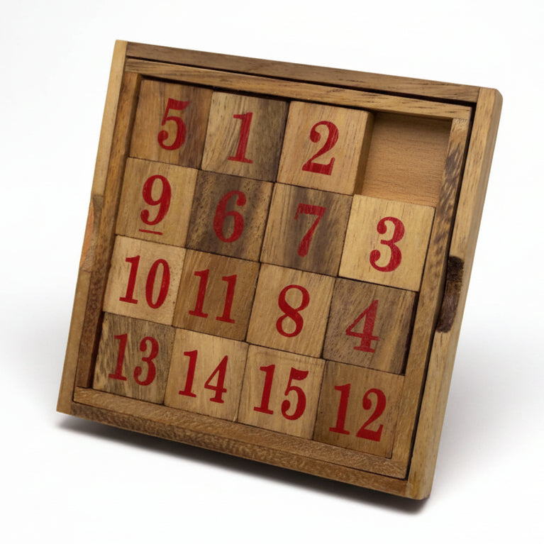Wooden puzzle with red numbers on a white background
