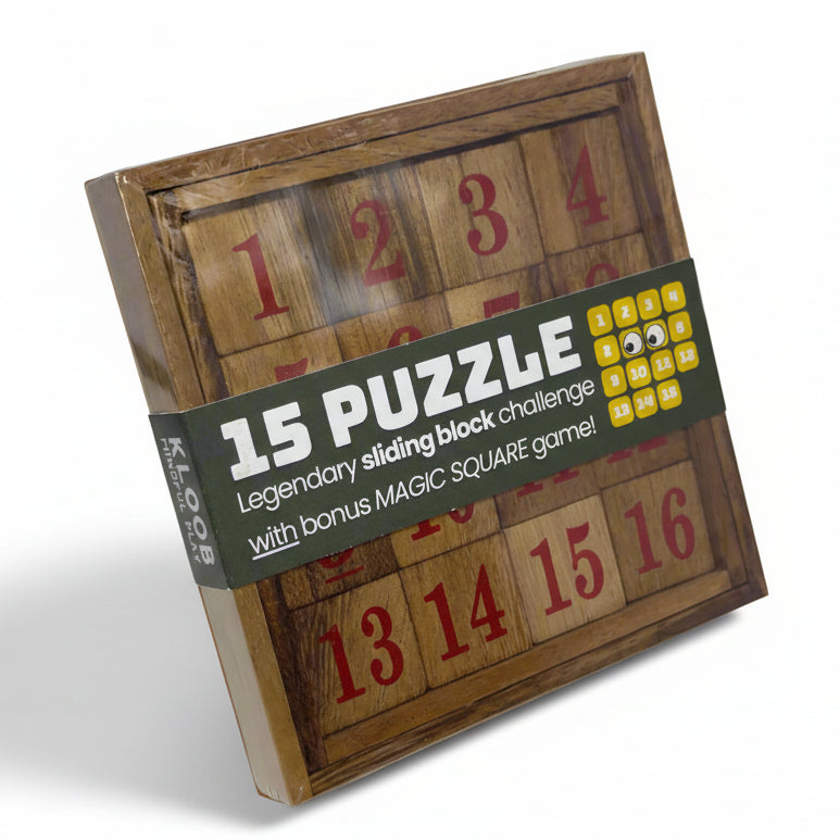 Wooden puzzle with numbered blocks and packaging on a gray background
