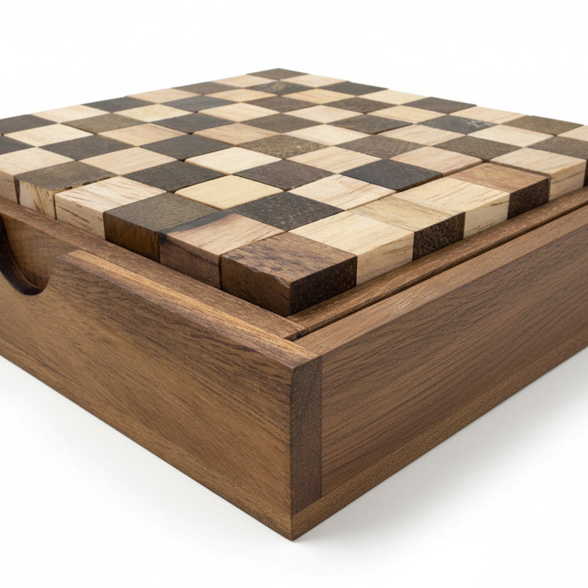 Wooden chess board with checkered pattern on a white background