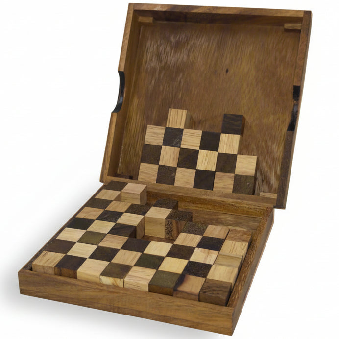 Wooden checkers game set with pieces and board in a box on a white background