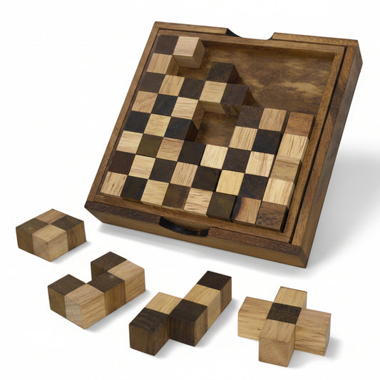 Wooden puzzle with checkered board and pieces on a white background