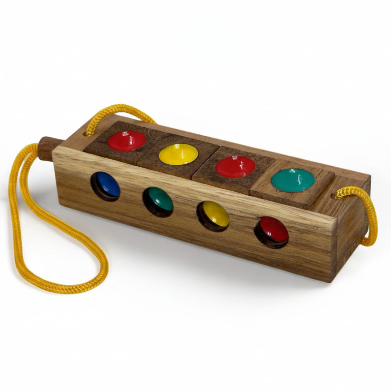 Wooden toy with colorful dots on a white background