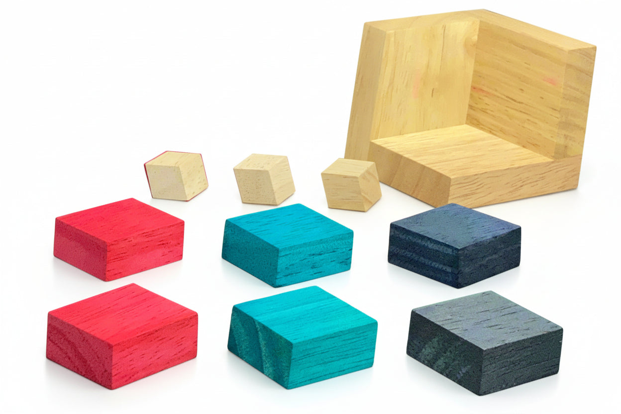 Colourful wooden puzzle pieces and wooden tray