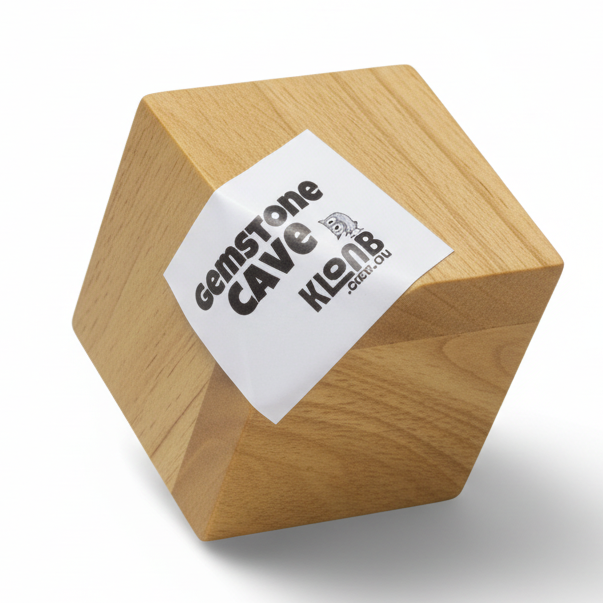 Wooden hexagonal block with a white label on a light gray background
