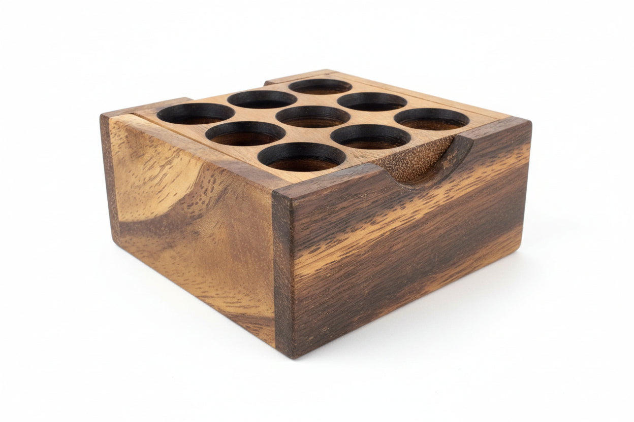 Wooden block with circular holes on a white background