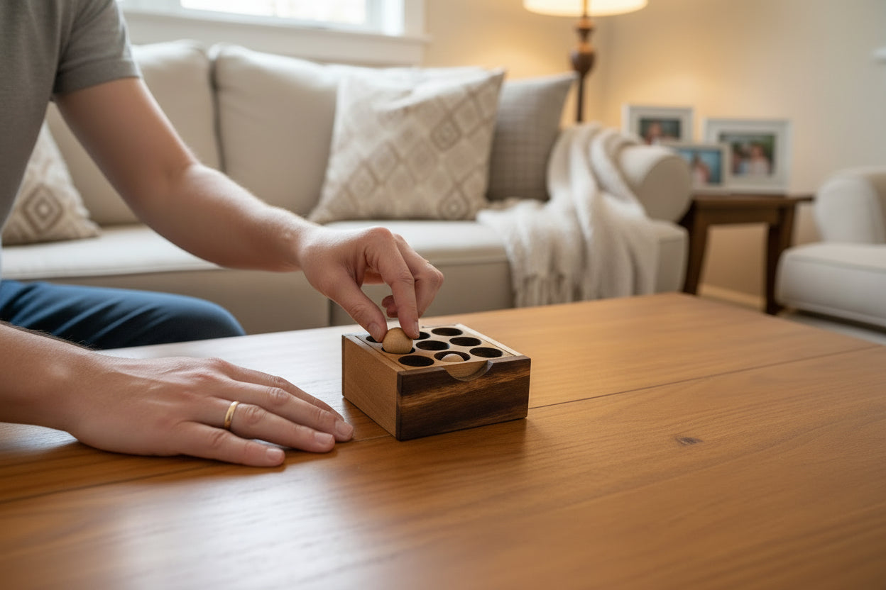 Person playing with a wooden puzzle on a table in a living room.