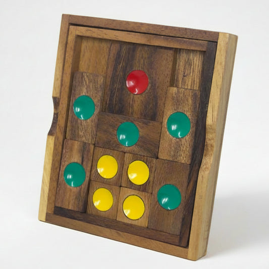 Wooden puzzle with colored buttons on a plain background
