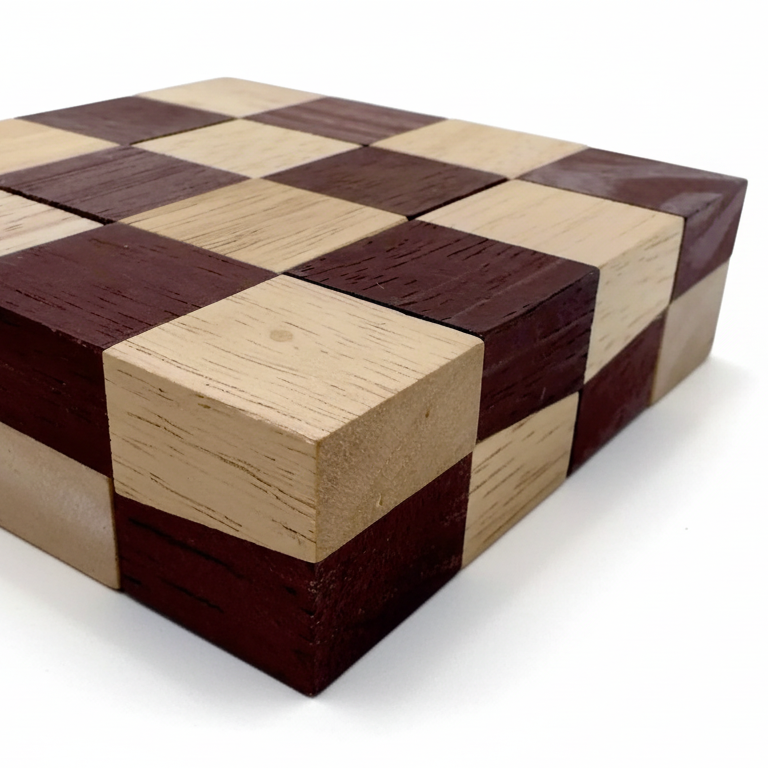 Wooden checkered box with alternating brown and beige squares on a white background
