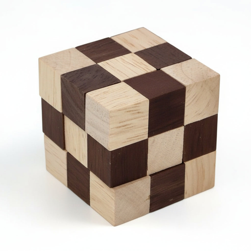 Wooden checkered cube on a white background