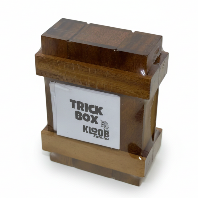 Wooden box with a white label on a light gray background